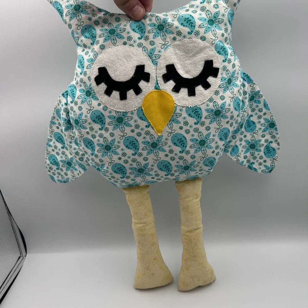 Handmade Plush Owl Pillow Floral Paisley Blue White Long Legs Decorative Stuffed